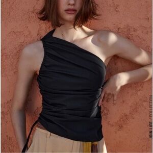 Zara Elegant Black One Shoulder Ruched Blouse